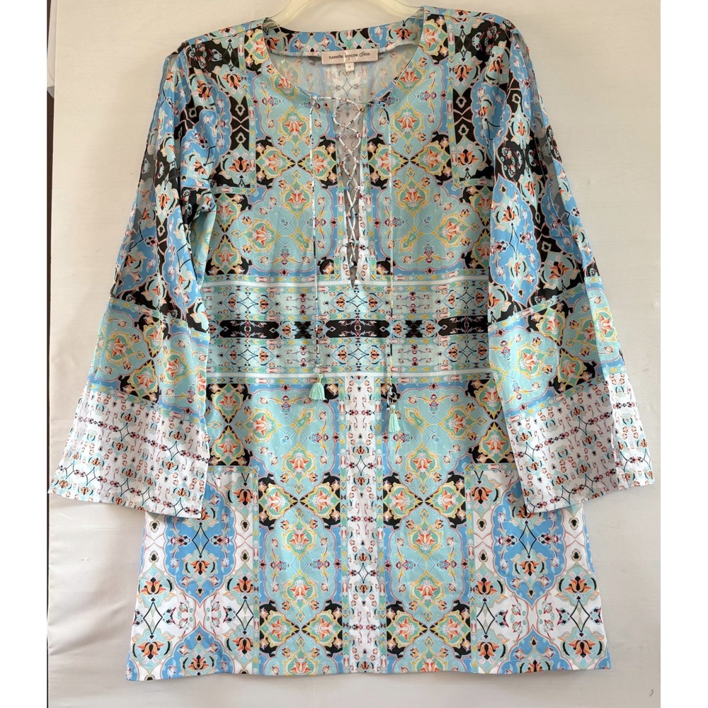 Nanette Lepore Blue Mosaic Tile Lace Up Tassel Tunic Cover Up Medium NL9AX39